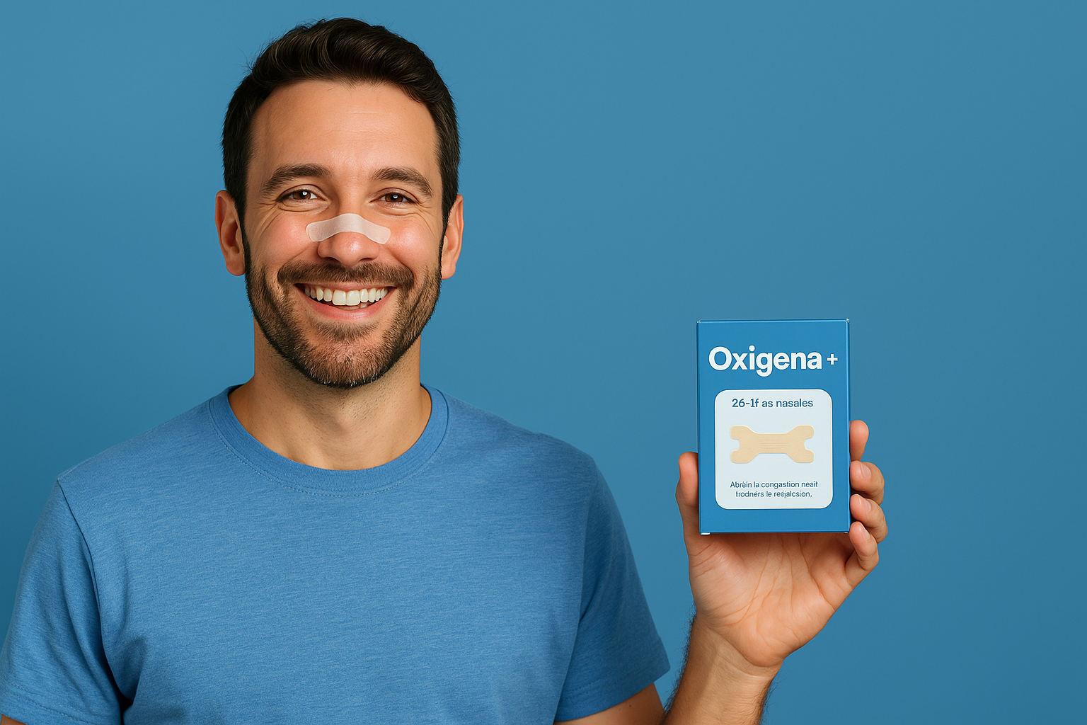 Hombre sonriente sosteniendo pack de 26 tiras nasales Oxigena+ sobre fondo azul

